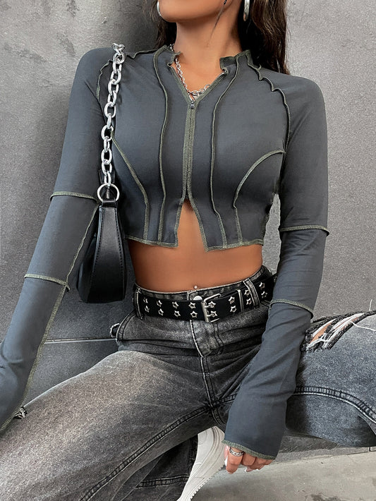 Flirla Top-Stitching Raglan Sleeve Zipper Crop Tee